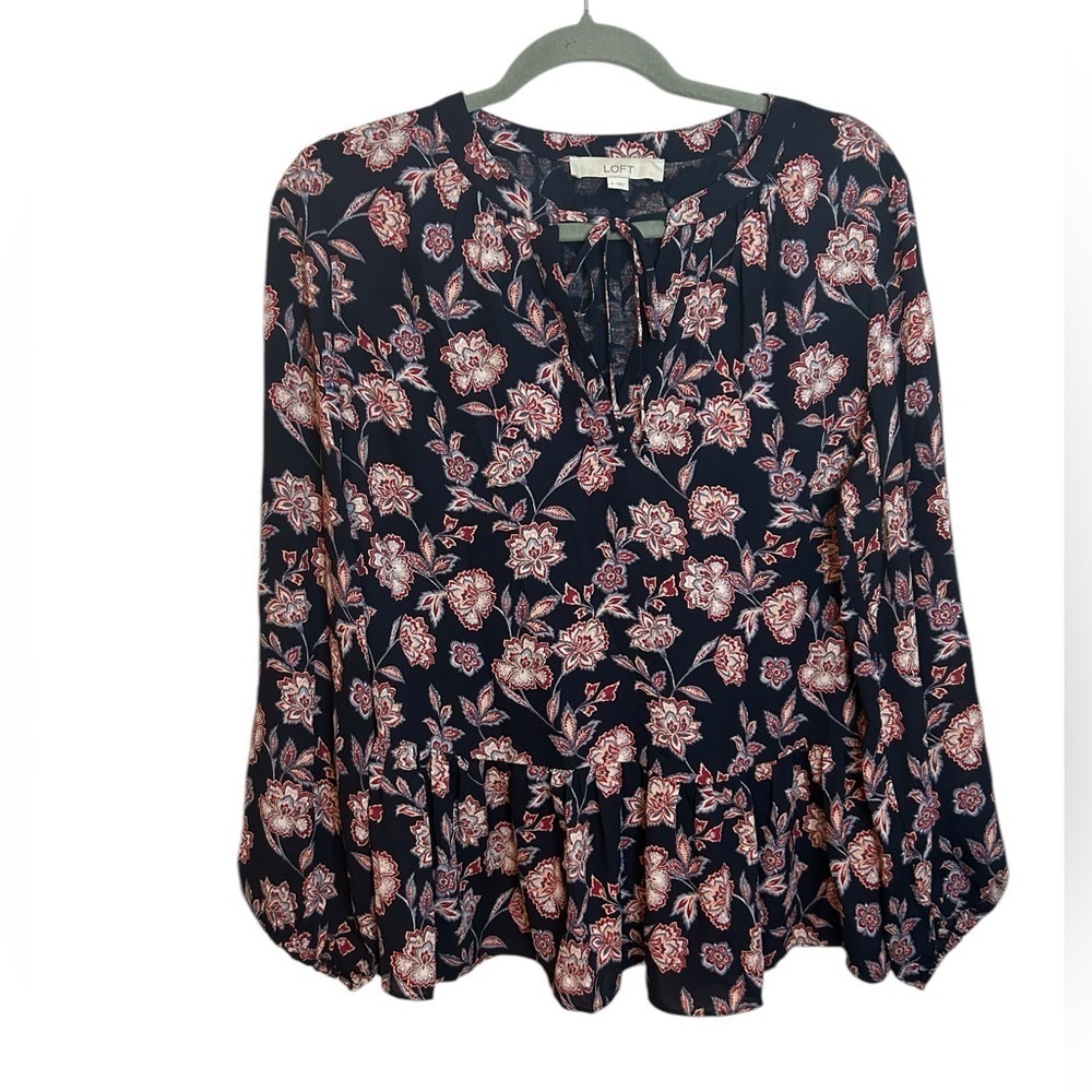 Loft Floral Peplum Tie Neck Blouse